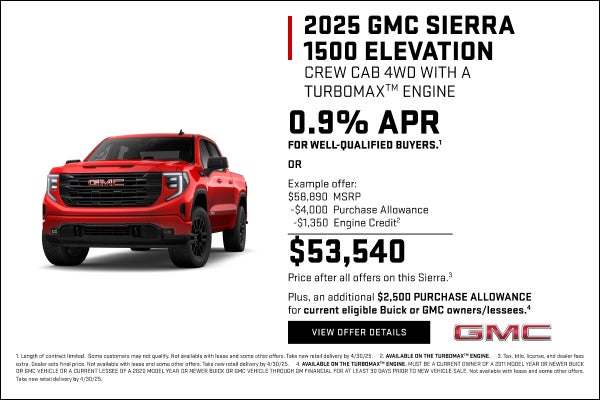 0.9% APR for well-qualified buyers.1

OR

Example offer: 
$58,890 MSRP
$4,000 Purchase Allowance
...